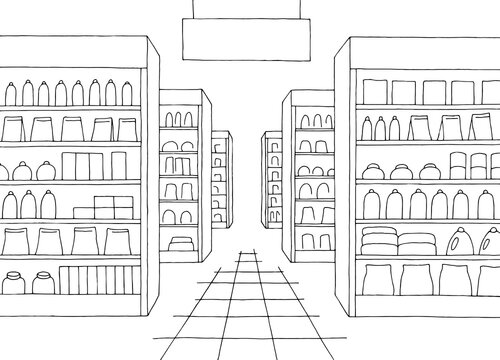 Grocery store shop interior black white graphic sketch illustration vector 