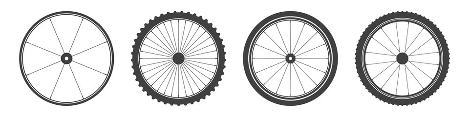 Naklejka premium Black bicycle wheel symbols collection. Bike rubber tyre silhouettes. Fitness cycle, road and mountain bike. Vector illustration.