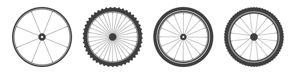 Black bicycle wheel symbols collection. Bike rubber tyre silhouettes. Fitness cycle, road and mountain bike. Vector illustration.