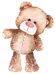 Watercolor teddy bear hand drawn illustration.Lovely Teddy Bear brown toy for valentines day gifts.