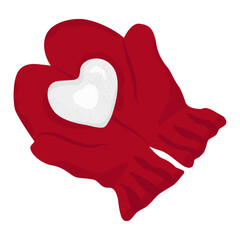 Winter greeting card. Two hands in red knitted mittens are holding snowball in form of heart. Trendy creative design concept.