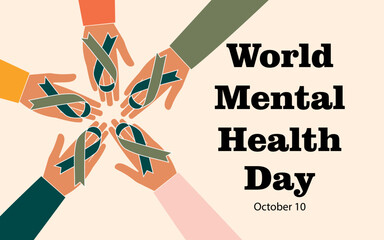 World Mental Health Day, 10 October. Green support ribbon in people's hands. Horizontal modern poster. Vector.
