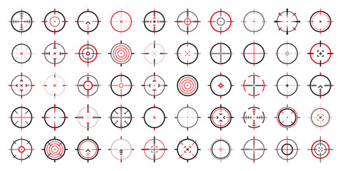 Crosshair, gun sight vector icons. Bullseye, black target or aim symbol. Military rifle scope, shooting mark sign. Targeting, aiming for a shot. Archery, hunting and sports shooting. Game UI element.