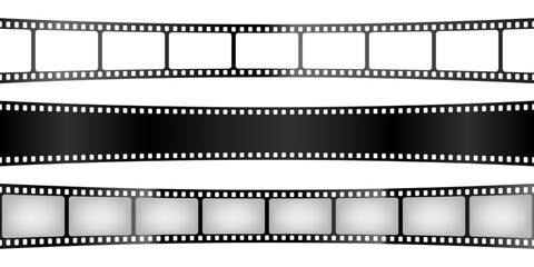 Curved film strips collection. Old retro cinema movie strip. Analog video recording equipment. Vector illustration