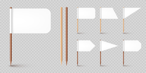 Realistic various toothpick flags. Wooden toothpicks with white paper flag. Location mark, map pointer. Blank mockup for advertising and promotions. Vector illustration
