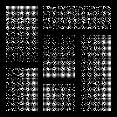 Pixel disintegration, decay effect. Various rectangular elements made of round shapes. Dispersed dotted pattern. Mosaic texture with simple particles. Vector illustration.