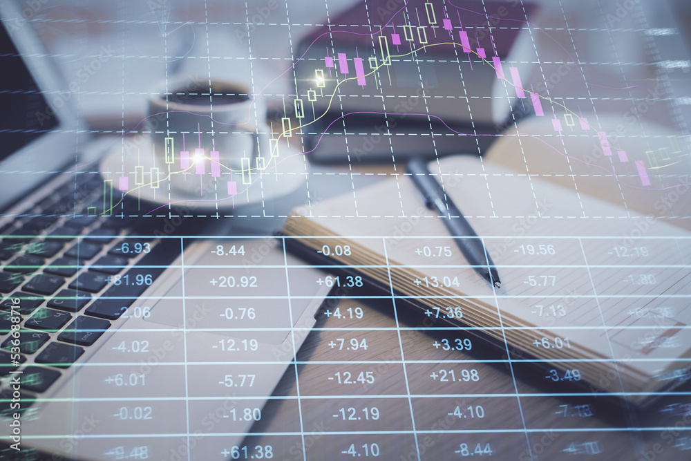 Aufkleber double exposure of forex chart drawing and desktop with coffee and items on table background. concep