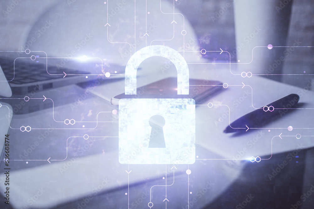 Poster double exposure of lock drawing and cell phone background. concept of information security