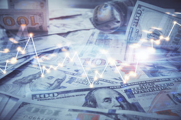 Multi exposure of forex chart drawing over us dollars bill background. Concept of financial success markets.