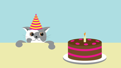 spotted cat look at cake, birtday card
