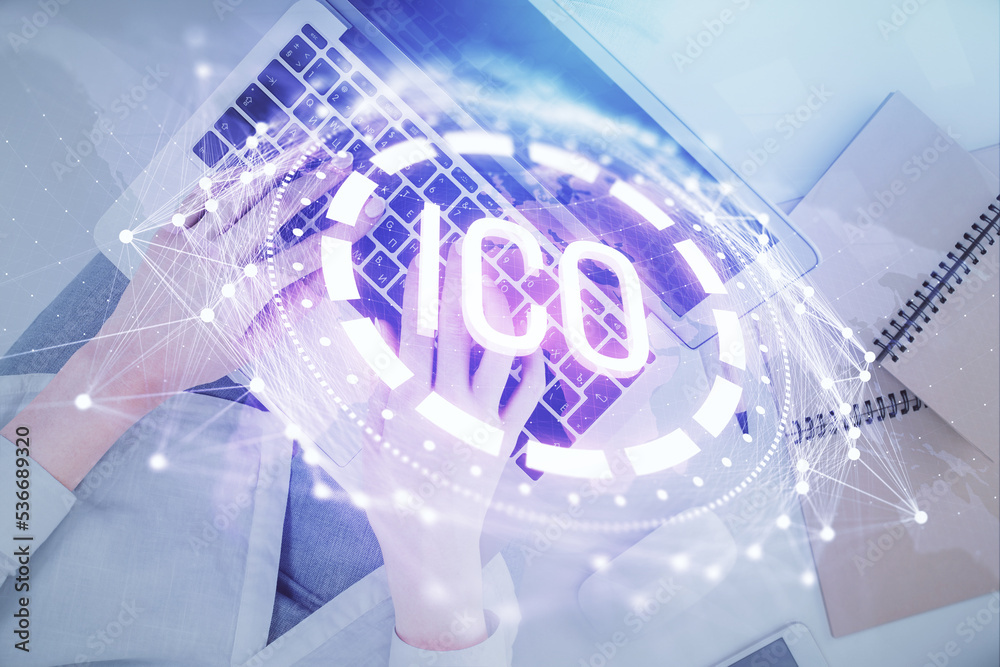 Poster double exposure of woman hands working on computer and blockchain theme hologram drawing. top view. 