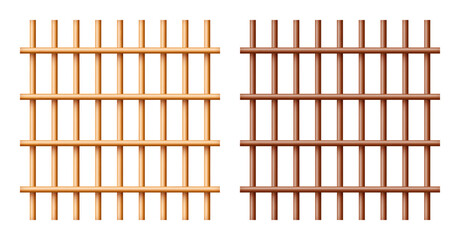 Realistic wooden lattice, rural picket fence. Farm or village house boundary, garden enclosing planks. Detailed wooden jail cage. Criminal background mockup. Creative vector illustration