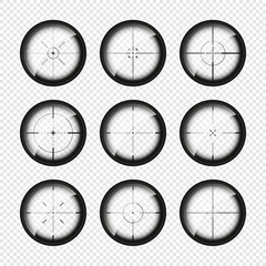 Obraz na płótnie Canvas Various weapon sights, sniper rifle optical scopes. Hunting gun viewfinder with crosshair. Aim, shooting mark symbol. Military target sign, silhouette. Game interface UI element. Vector illustration