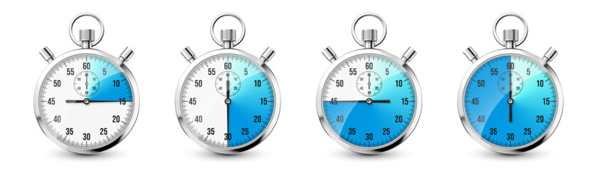 Realistic classic stopwatch icons. Shiny metal chronometer, time counter with dial. Blue countdown timer showing minutes and seconds. Time measurement for sport, start and finish. Vector illustration