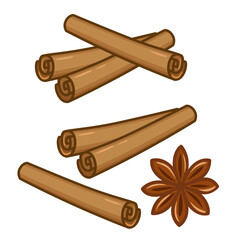 Vector illustration set of some ingredients for mulled wine spices. Cinnamon sticks and star anise