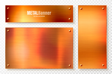 Realistic copper banners collection. Brushed stainless steel plate with rivets. Polished metal surface. Scratched industrial texture, metal background. Vector illustration.