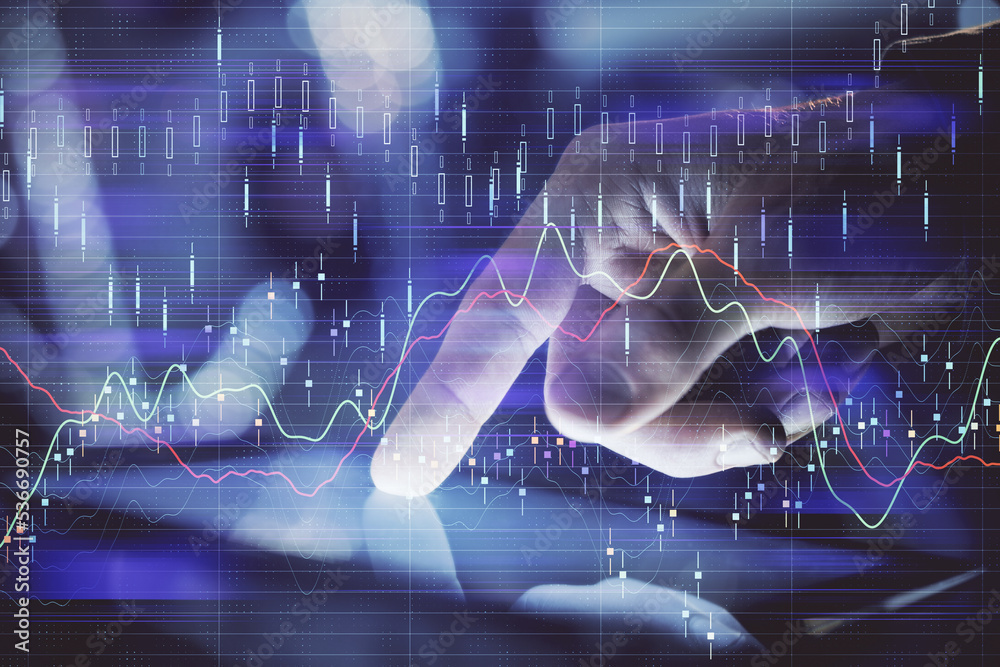 Poster multi exposure of man's hands holding and using a phone and financial chart drawing. market analysis