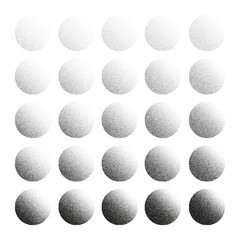Round shaped dotted objects, stipple elements. Fading gradient. Stippling, dotwork drawing, shading using dots. Pixel disintegration, halftone effect. White noise grainy texture. Vector illustration
