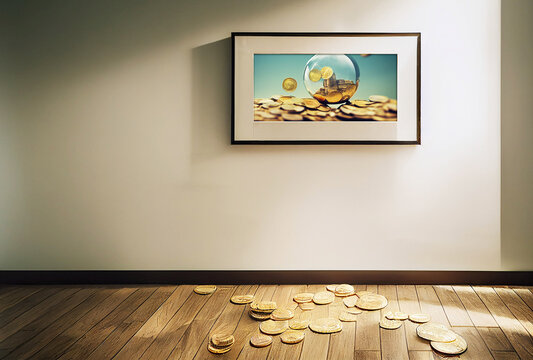 A drawing of money in empty room on the wall, some coins are out of that picture as overflow.