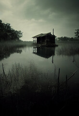 Illustration of creepy cabin on the swamp - obrazy, fototapety, plakaty