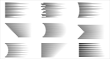 Set of Manga motion speed lines. Collection of Anime action frame lines. Superhero action. Motion effects on transparent background. Flash explosion radial lines Vector illustration Black line