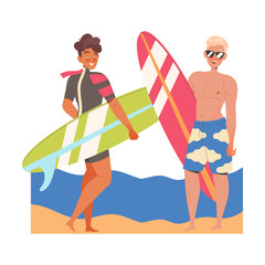 Happy Man with Surfboard on Beach Enjoying Summer Vacation and Seaside Rest Vector Illustration