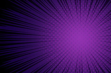 Manga anime action frame lines with halftones. Purple color. Pop art retro background with exploding rays of lightning comic style, vector illustration. Abstract explosive template with speed lines