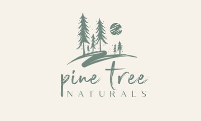 meadow logo river valley green pine, tree vector silhouette illustration for landscape design or print art template