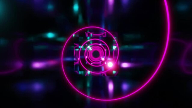 Abstract fantastic animation of neon lights, glowing tubes, lasers and reflective objects moving in tunnel