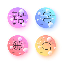 Video conference, Messenger and Talk bubble minimal line icons. 3d spheres or balls buttons. Globe icons. For web, application, printing. Remote presentation, Speech bubble, Chat message. Vector