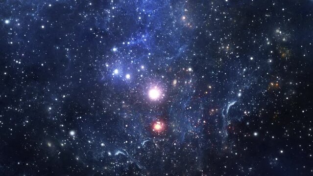 Cosmic nebulae and star clusters move slowly. Journey to blue distant galaxies across the vastness of the universe. Abstract cosmic background. High quality 4k footage
