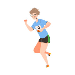 Man Character in Glasses Participating in Marathon Running in Sportswear with Number Vector Illustration