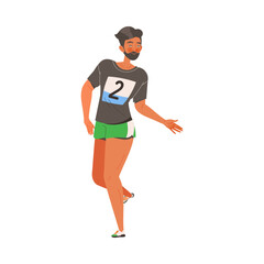 Bearded Man Character Participating in Marathon Running in Sportswear with Number Vector Illustration