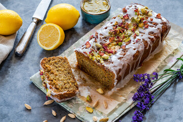 Pistachio, cardamom and lemon drizzle cake