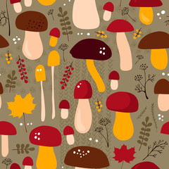 Autumn seamless pattern with mushrooms and falling leaves. Fabric print.