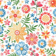Embroidery seamless pattern with beautiful flowers. Colorful floral ornament. Fashion design. Vector embroidered illustration. - 536694106