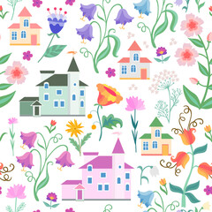 Fairy town. Seamless pattern with houses and flowers on white background. Colorful print for fabric, wallpaper. - 536694121