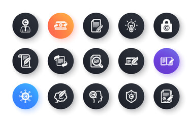 Copywriting icons. Copyright, Typewriter and Feedback. Legal content classic icon set. Circle web buttons. Vector