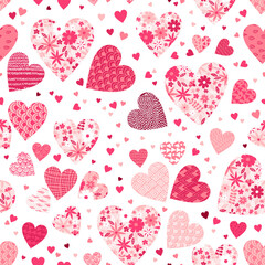 Valentine's day seamless pattern with hearts with floral and doodle ornaments.
