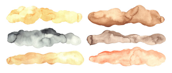 Set of watercolor abstract forms, washes, stains. Yellow, brown, beige, grey colorful backgrounds, textures.