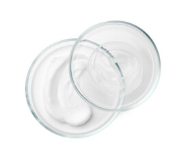 Petri dishes and cosmetic products on white background, top view