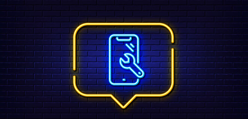 Neon light speech bubble. Smartphone repair line icon. Phone recovery sign. Mobile device symbol. Neon light background. Smartphone repair glow line. Brick wall banner. Vector