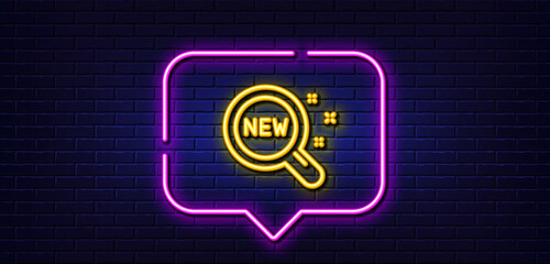 Neon light speech bubble. New products line icon. Search sign. Magnifier glass symbol. Neon light background. New products glow line. Brick wall banner. Vector