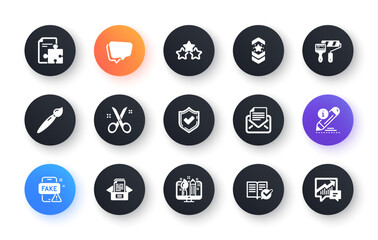 Minimal set of Paint roller, Confirmed and Brush flat icons for web development. Scissors, Speech bubble, Shoulder strap icons. Creative design, Documents box, Fake news web elements. Vector
