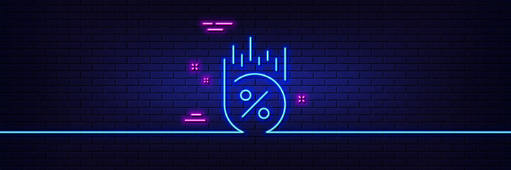 Neon light glow effect. Loan percent line icon. Discount sign. Credit percentage symbol. 3d line neon glow icon. Brick wall banner. Loan percent outline. Vector - obrazy, fototapety, plakaty