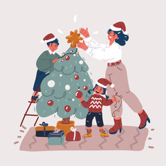 Vector illustration of Mother and kids enjoying their holiday time together, decorating Christmas tree, arranging the christmas lights and having fun
