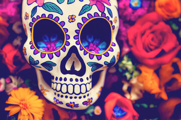 Colorful candy sugar skulls with flowers on Day of the Dead festival in Mexico.