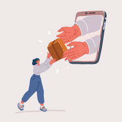 Vector illustration of Delivery Application. Courier And Woman had Customer Receiving Parcel Boxes From her smartphone