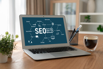 SEO search engine optimization for modish e-commerce and online retail business showing on computer...