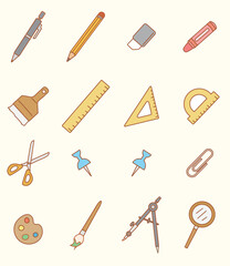 set of stationery tools equipment icon.